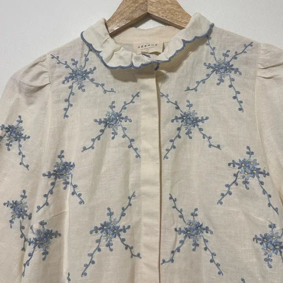 Sezane Floral Linen Embroidered Top Size EU 34 US 2 Ambre Shirt cotton Blue - Picture 4 of 11